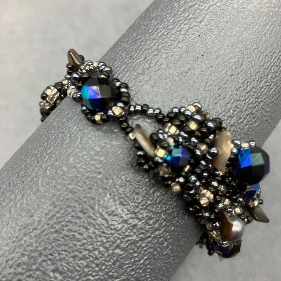 Seed Bead Wrap Bracelet Blue Silver Grey White Pearl Stone Chip Iridescent Loop - Picture 3 of 7